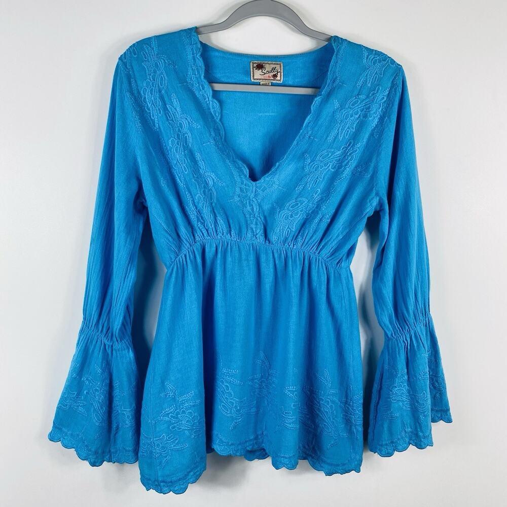 Scully Top Women's Small Blue Embroidered Long Sleeve V-Neck Tunic